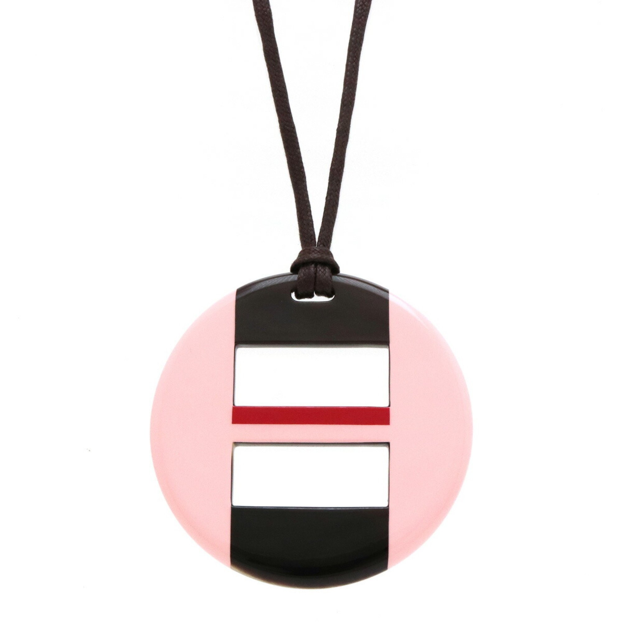 Hermes Buffalo Horn Long Necklace Pendant Pink Cherry Red Dark Marble